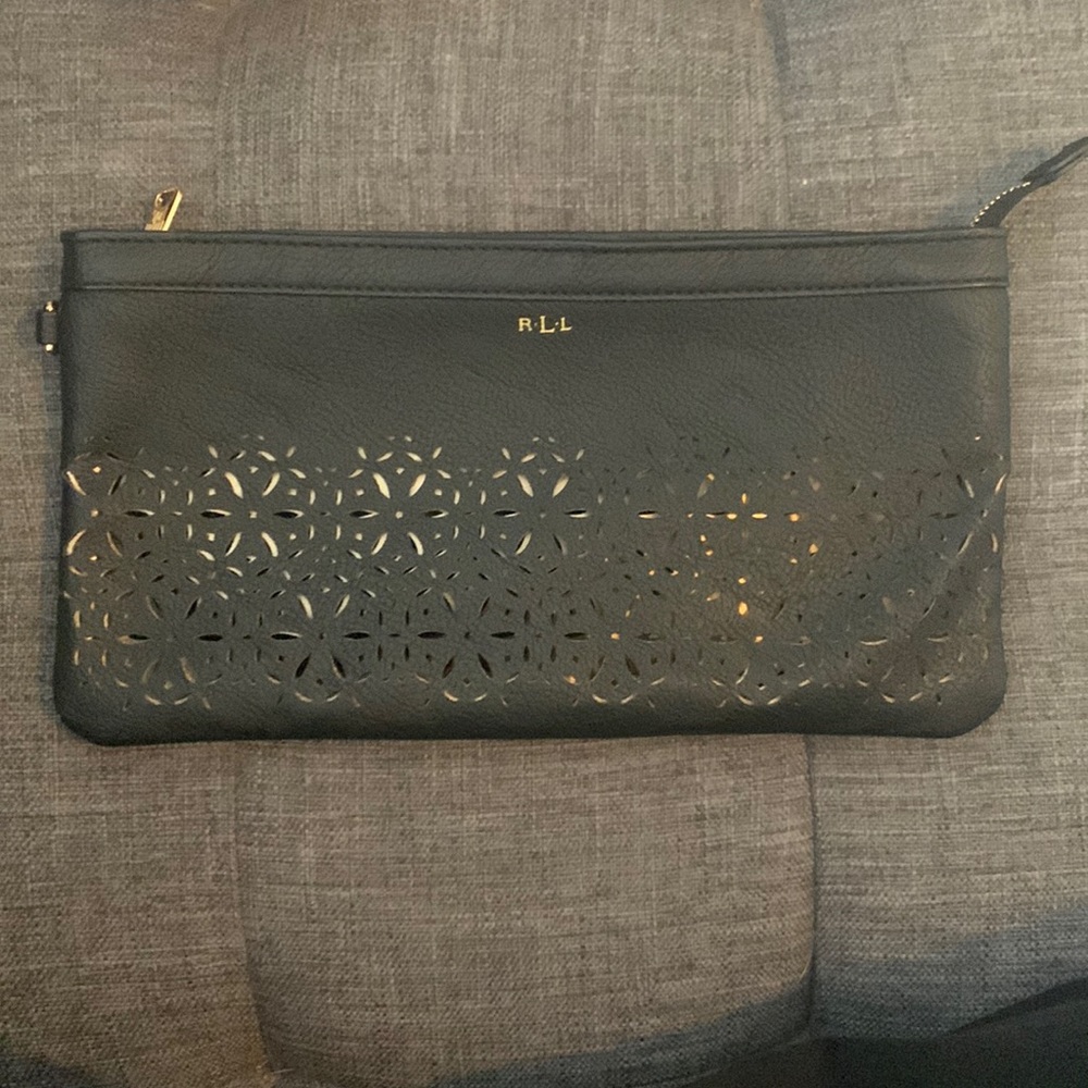 Black Faux Leather Ralph Lauren Zip Top Clutch